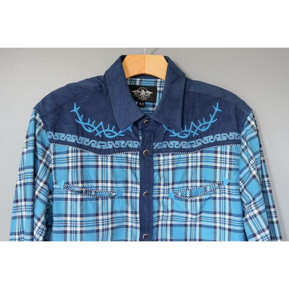 El General Men Embroidered Plaid Western Pearl Snap Button Shirt M Cowboy Rodeo - Picture 9 of 16